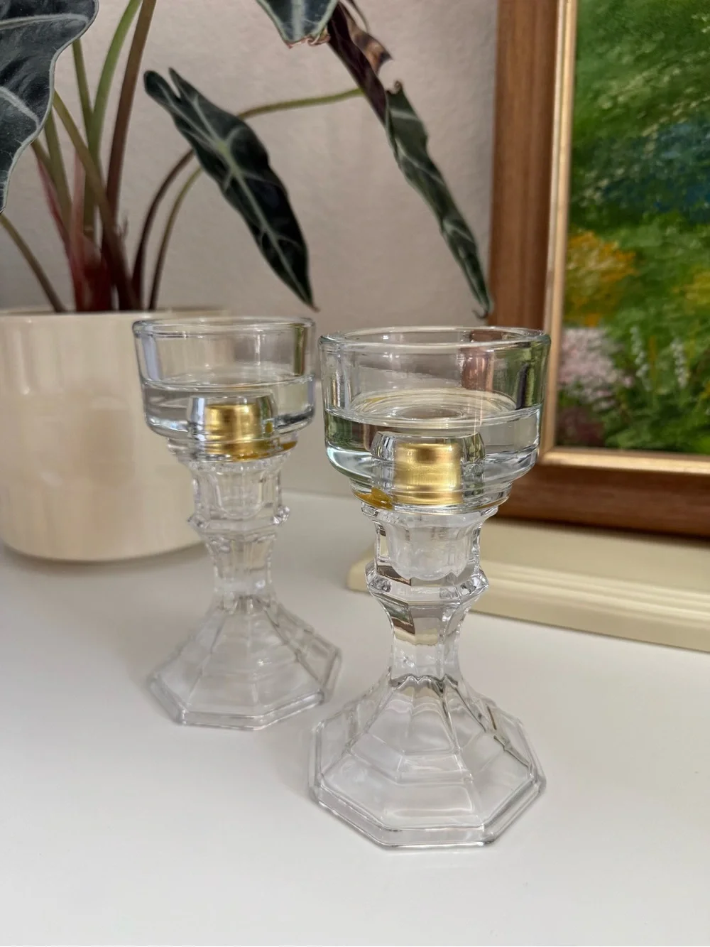 Clear Glass Candlestick Holders with Gold Accent